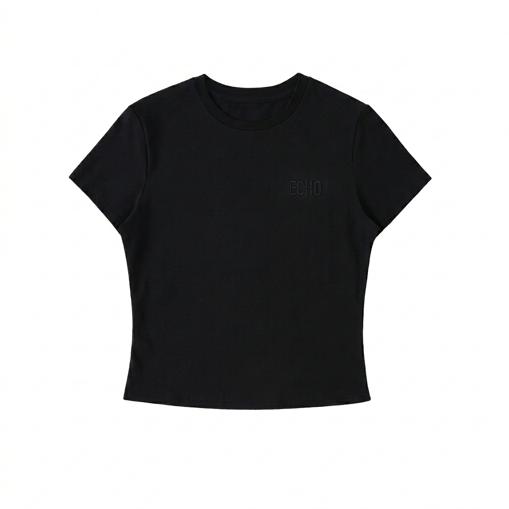 Custom Bodycon Crewneck T-Shirt design direction 1: Tonal Left Chest Wordmark featuring the ECHO wordmark