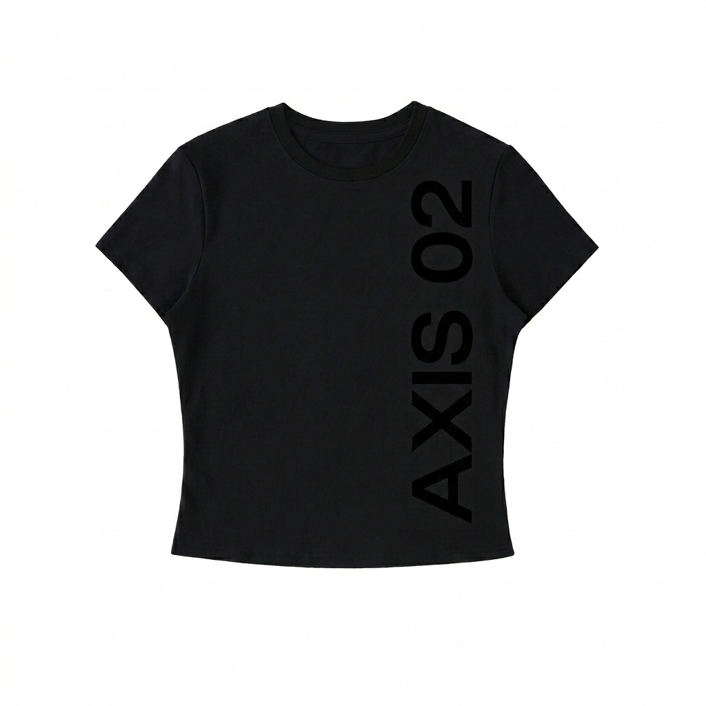 Custom Bodycon Crewneck T-Shirt design direction 3: Vertical Side Typography featuring the AXIS 02 wordmark
