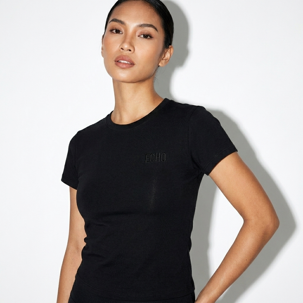 Bodycon Crewneck T-Shirt worn by a lean Filipino female fashion influencer, preppy ivy styling, studio lookbook — custom bodycon crewneck t-shirt