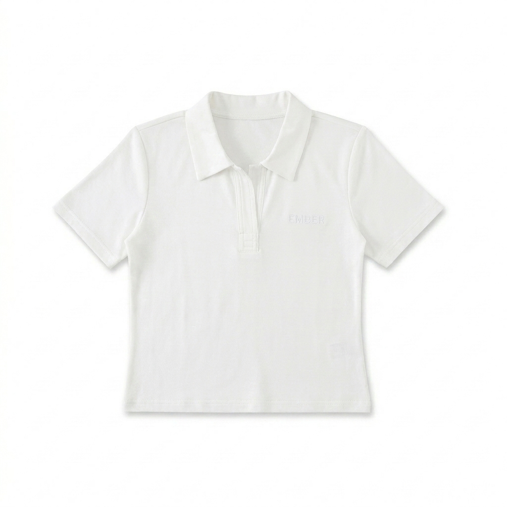 Custom Bodycon Short Sleeve Polo Shirt design direction 1: Tonal Minimalist Wordmark featuring the EMBER wordmark