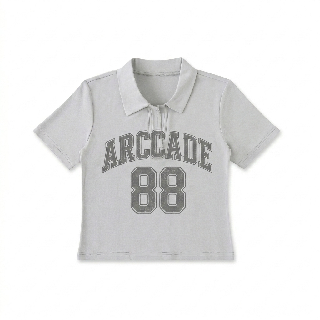 Custom Bodycon Short Sleeve Polo Shirt design direction 2: Retro Collegiate Graphic featuring the ARCADE 88 wordmark