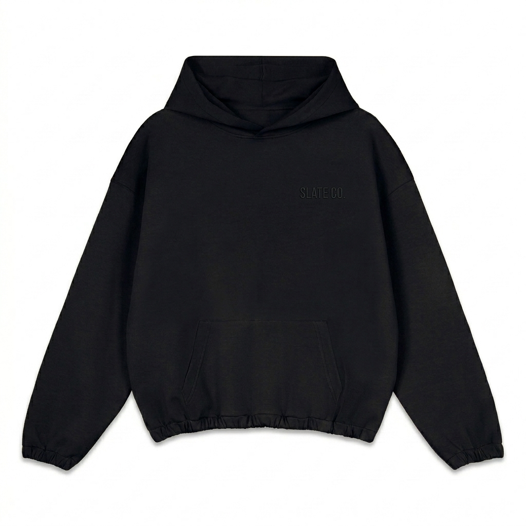 Custom Boxy Cinched Hem Hoodie design direction 1: Tonal Identity featuring the SLATE CO. wordmark