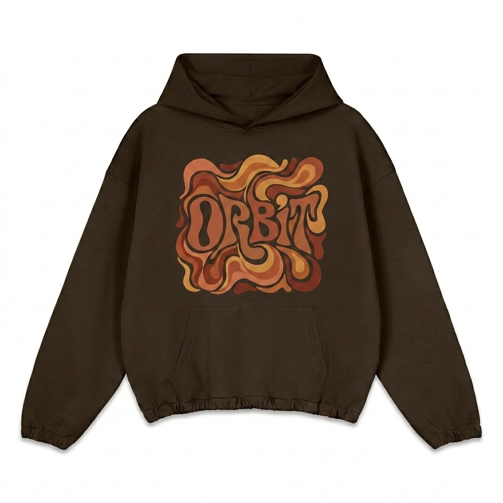 Custom Boxy Cinched Hem Hoodie design direction 2: Abstract Flow featuring the ORBIT wordmark
