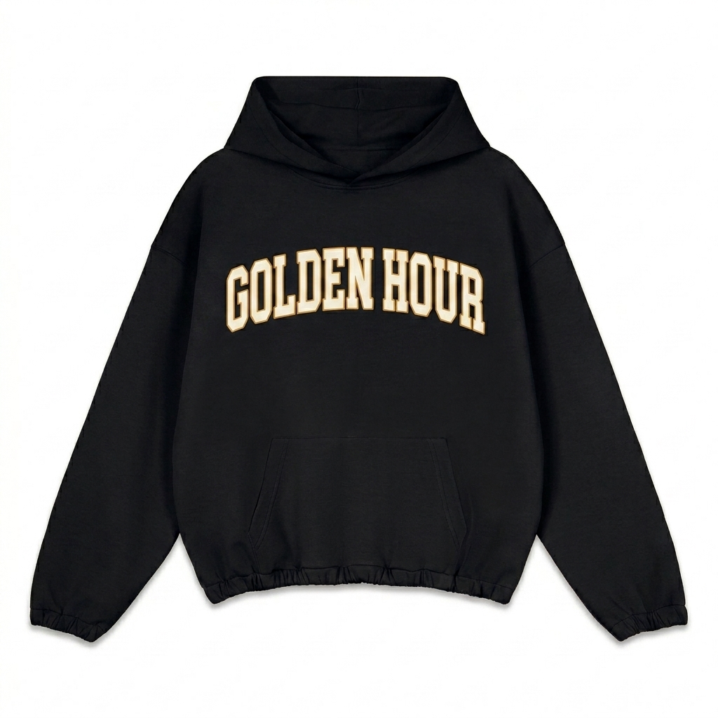 Custom Boxy Cinched Hem Hoodie design direction 3: Varsity Spirit featuring the GOLDEN HOUR wordmark