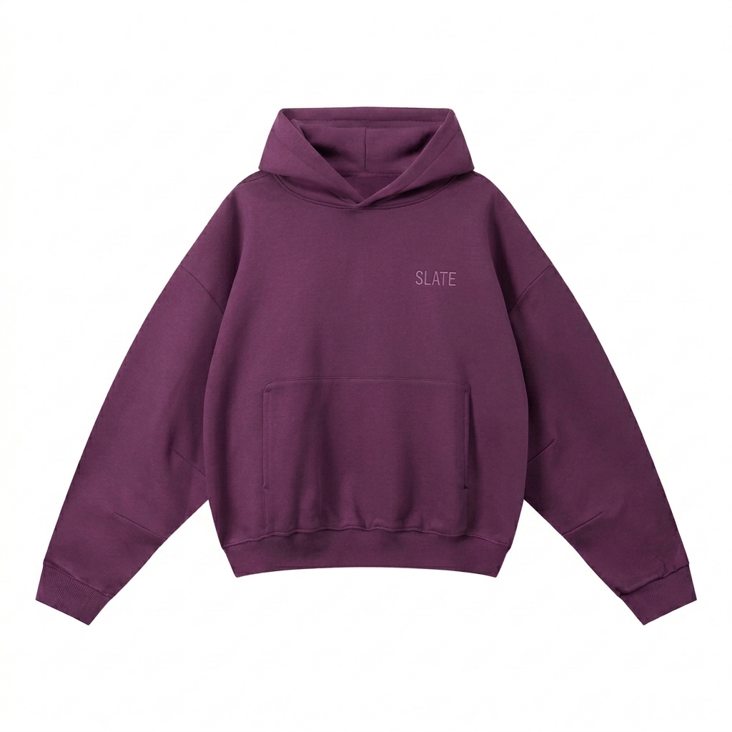 Custom Boxy Darted Sleeve Hoodie design direction 1: Tonal Minimalist Wordmark featuring the SLATE wordmark