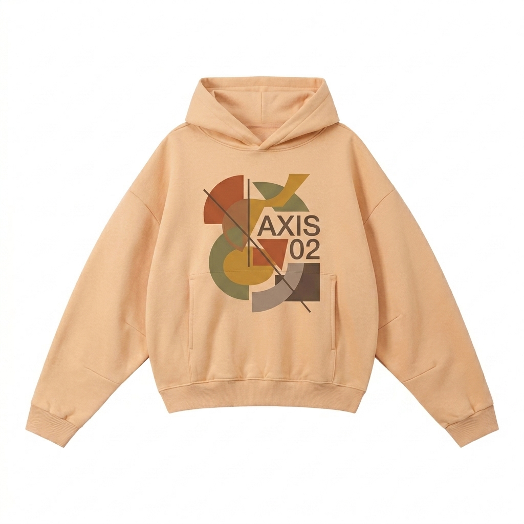 Custom Boxy Darted Sleeve Hoodie design direction 2: Bold Abstract Graphic featuring the AXIS 02 wordmark