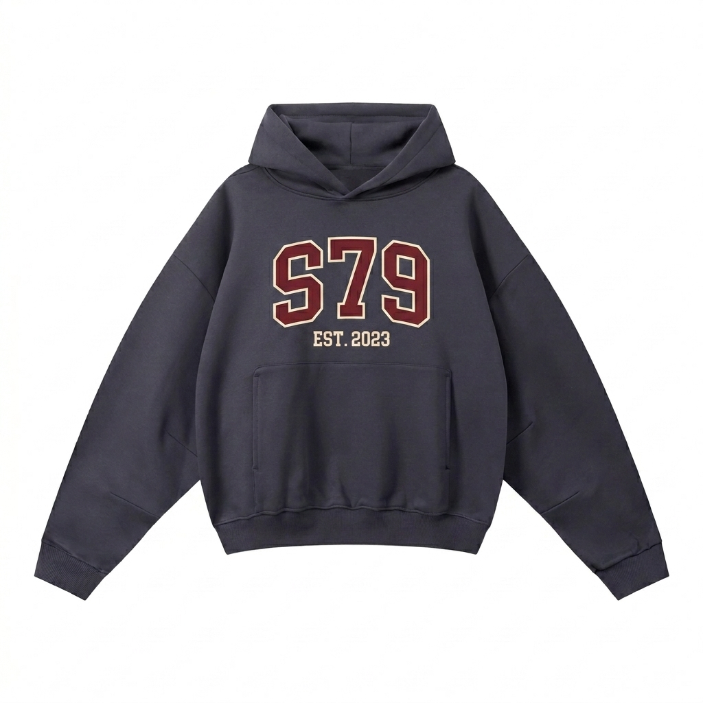 Custom Boxy Darted Sleeve Hoodie design direction 3: Retro Collegiate Emblem featuring the STUDIO 79 wordmark