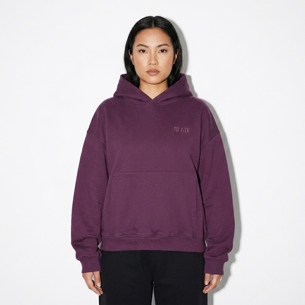 Boxy Darted Sleeve Hoodie worn by a mid-size Vietnamese female fashion influencer, y2k revival styling, studio lookbook — custom boxy darted sleeve hoodie