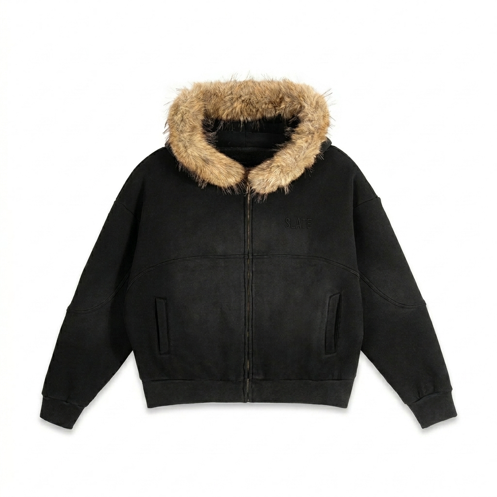 Custom Boxy Detachable Hood Jacket design direction 1: Tonal Minimalist Wordmark featuring the SLATE wordmark