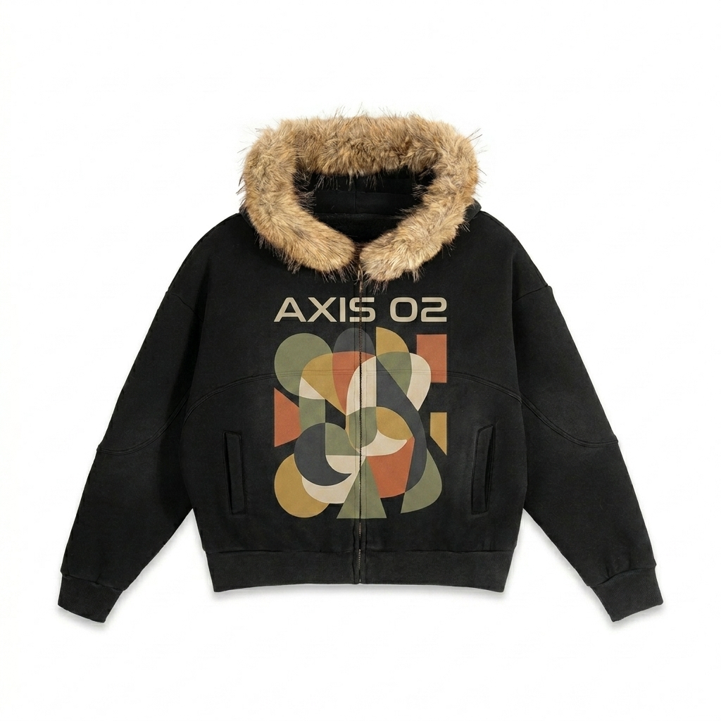 Custom Boxy Detachable Hood Jacket design direction 2: Bold Graphic Illustration featuring the AXIS 02 wordmark