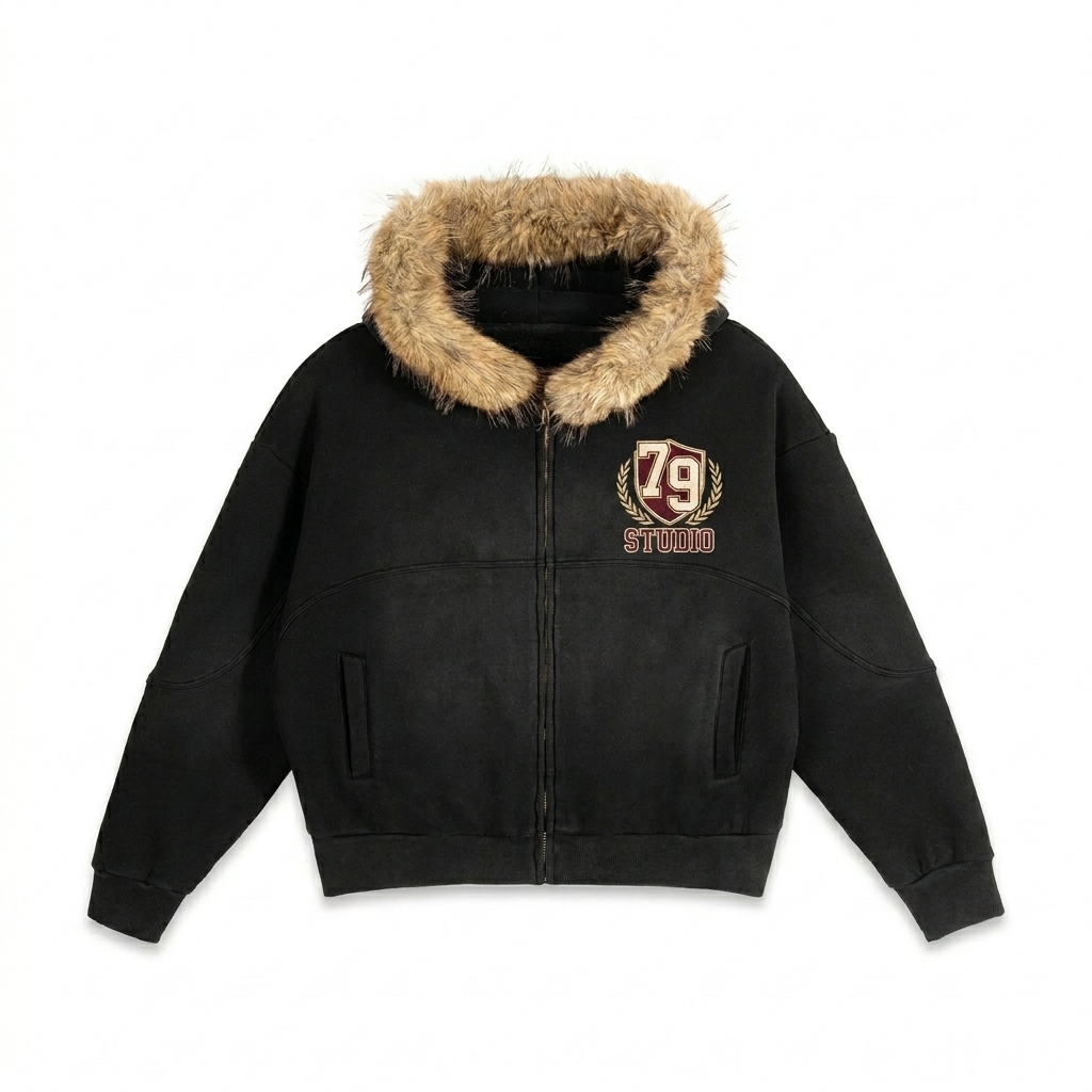 Custom Boxy Detachable Hood Jacket design direction 3: Retro Collegiate Emblem featuring the STUDIO 79 wordmark