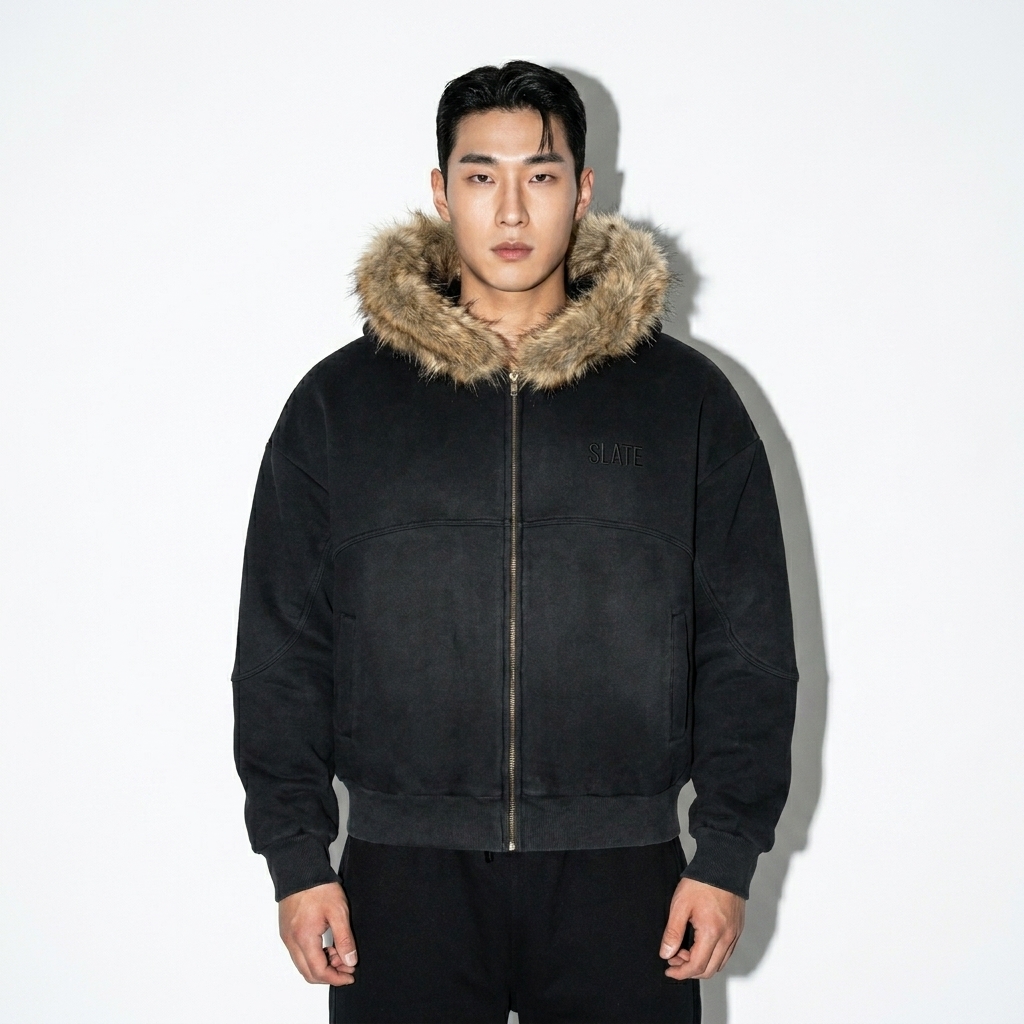 Boxy Detachable Hood Jacket worn by a broad-shouldered Korean male fashion influencer, preppy ivy styling, studio lookbook — custom boxy detachable hood jacket