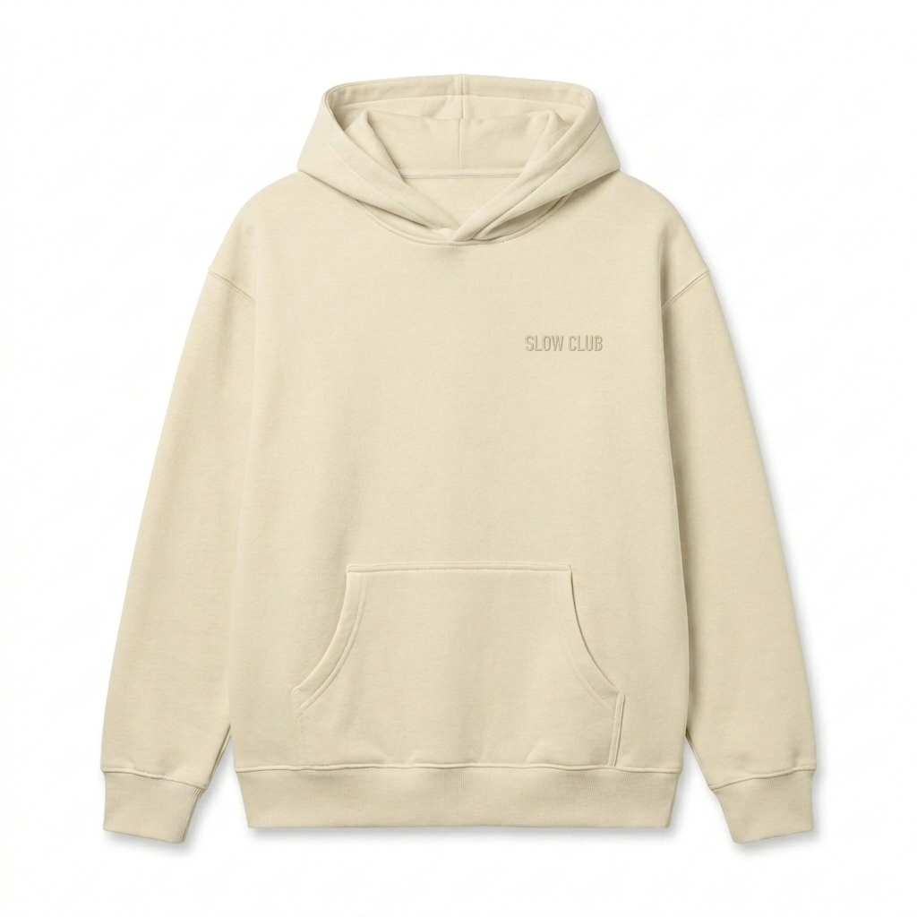 Custom Boxy Fit Pullover Hoodie design direction 1: Subtle Tonal Wordmark featuring the SLOW CLUB wordmark
