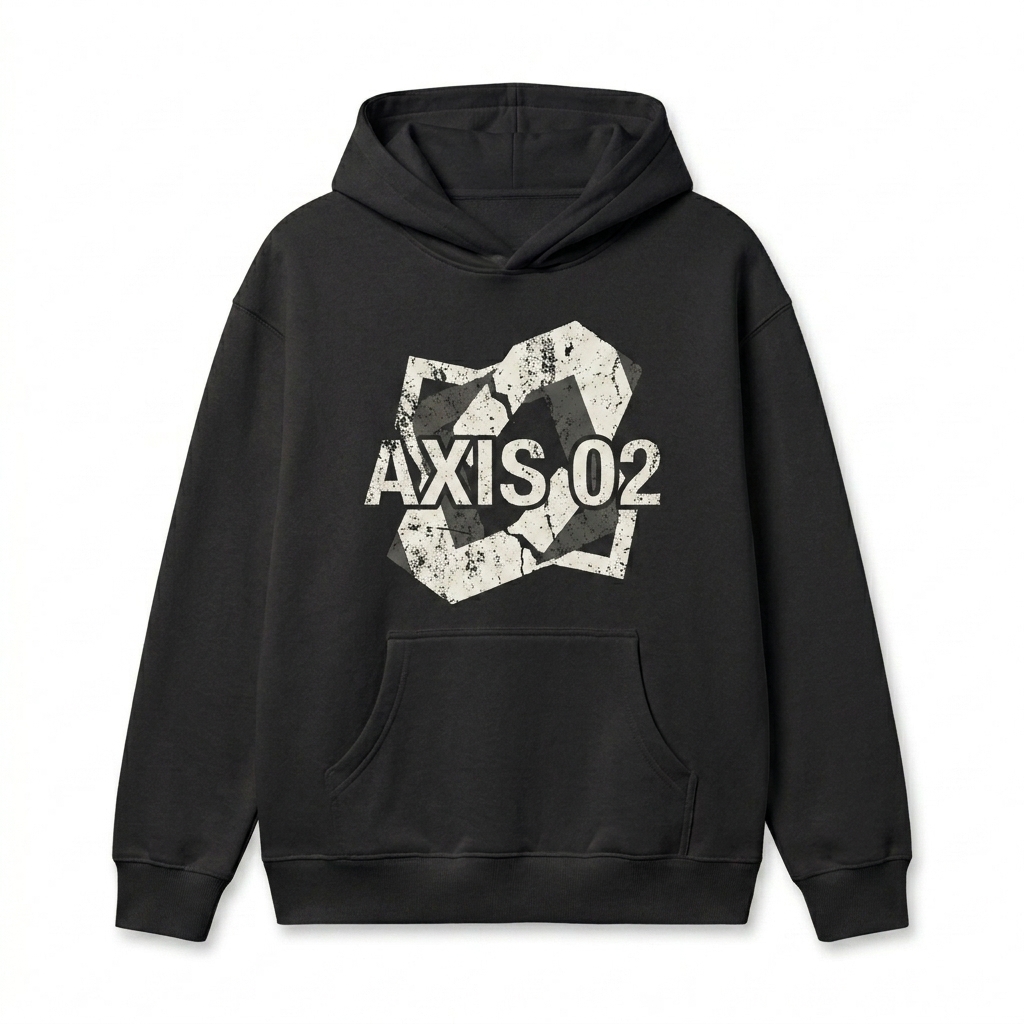 Custom Boxy Fit Pullover Hoodie design direction 2: Bold Graphic Chest Print featuring the AXIS 02 wordmark