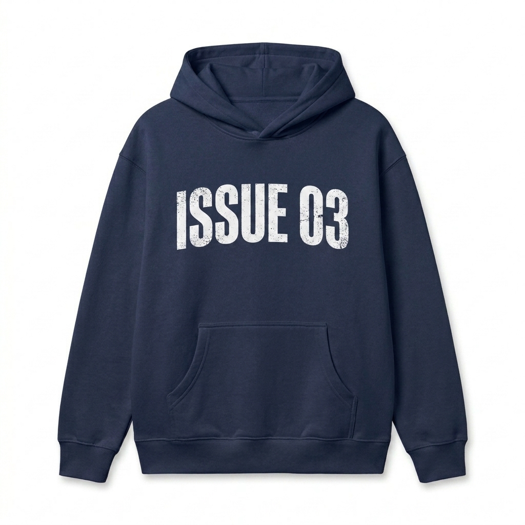 Custom Boxy Fit Pullover Hoodie design direction 3: Experimental Typographic Print featuring the ISSUE 03 wordmark