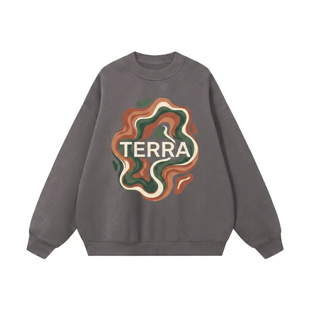 Custom Boxy Fleece Crewneck Sweatshirt design direction 2: Bold Abstract Graphic featuring the TERRA wordmark