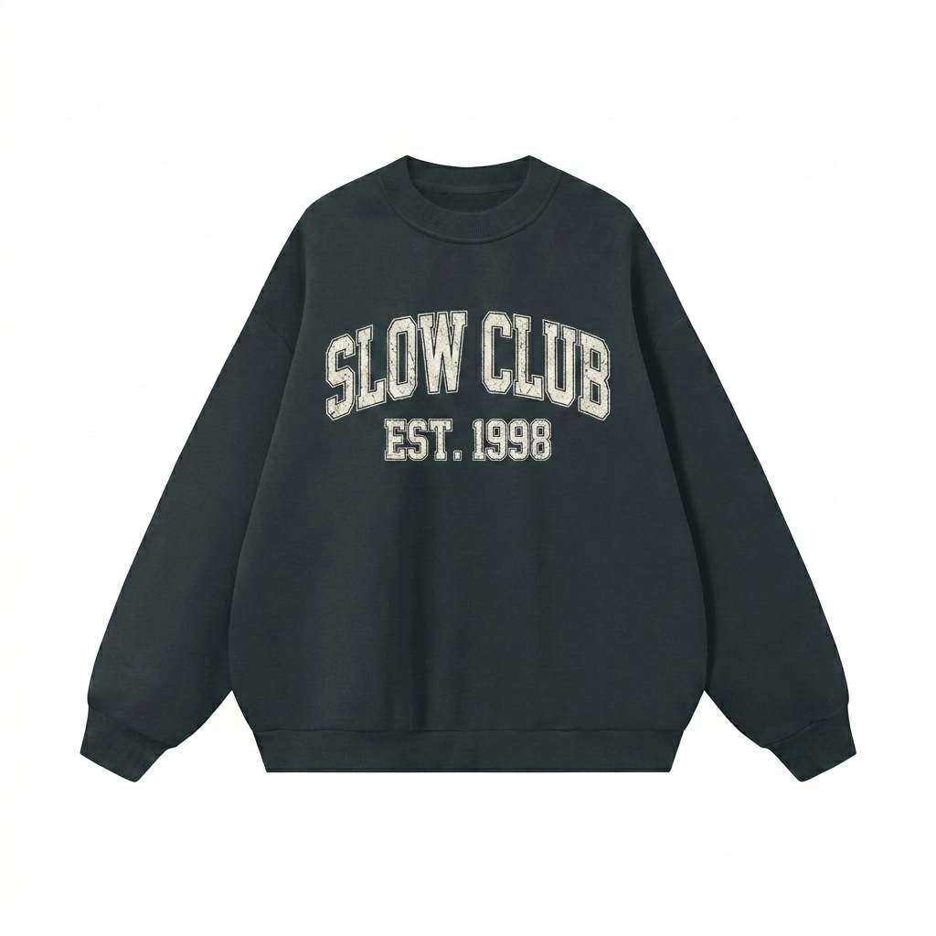 Custom Boxy Fleece Crewneck Sweatshirt design direction 3: Retro Collegiate Emblem featuring the SLOW CLUB wordmark