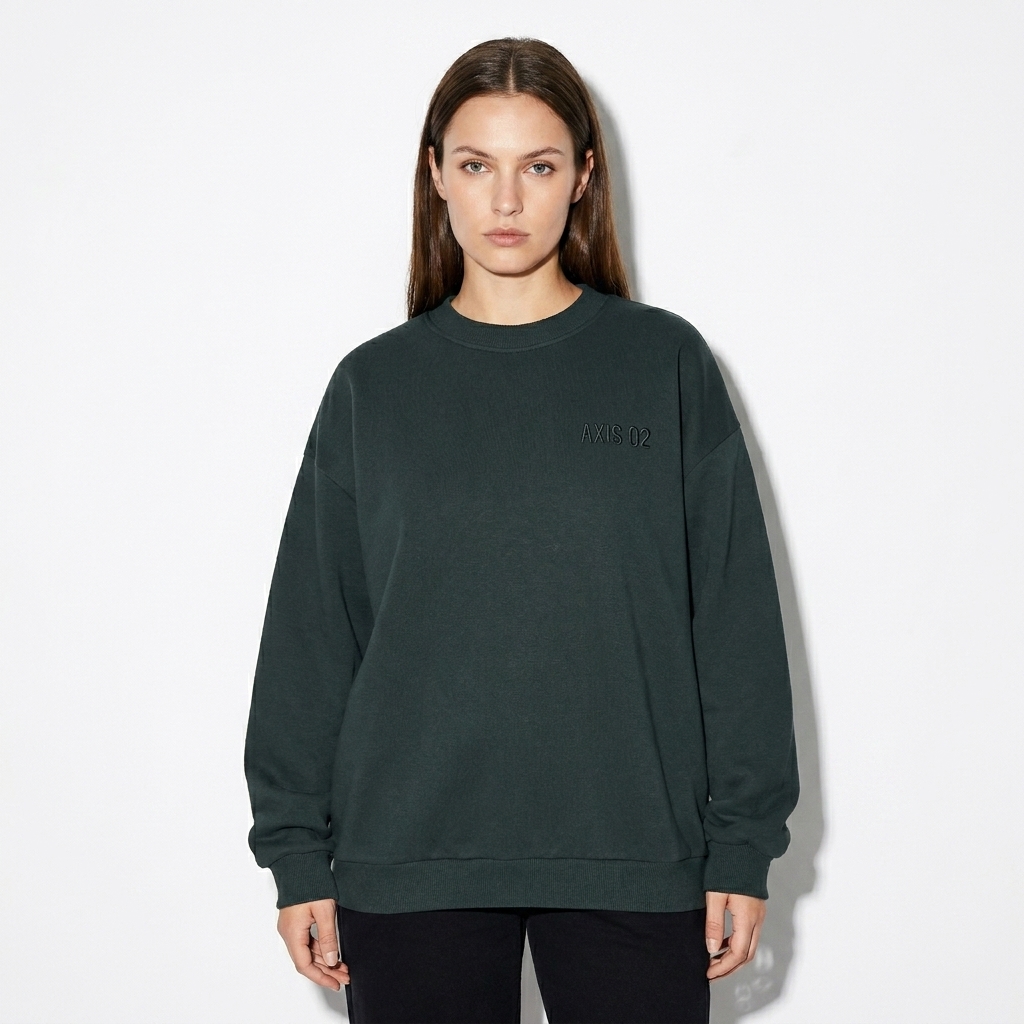Boxy Fleece Crewneck Sweatshirt worn by a mid-size White European female fashion influencer, editorial avant-garde styling, studio lookbook — custom boxy fleece crewneck sweatshirt