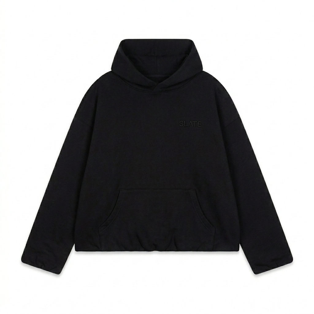 Custom Boxy Gather-Hem Hoodie design direction 1: Tonal Minimalist Wordmark featuring the SLATE wordmark