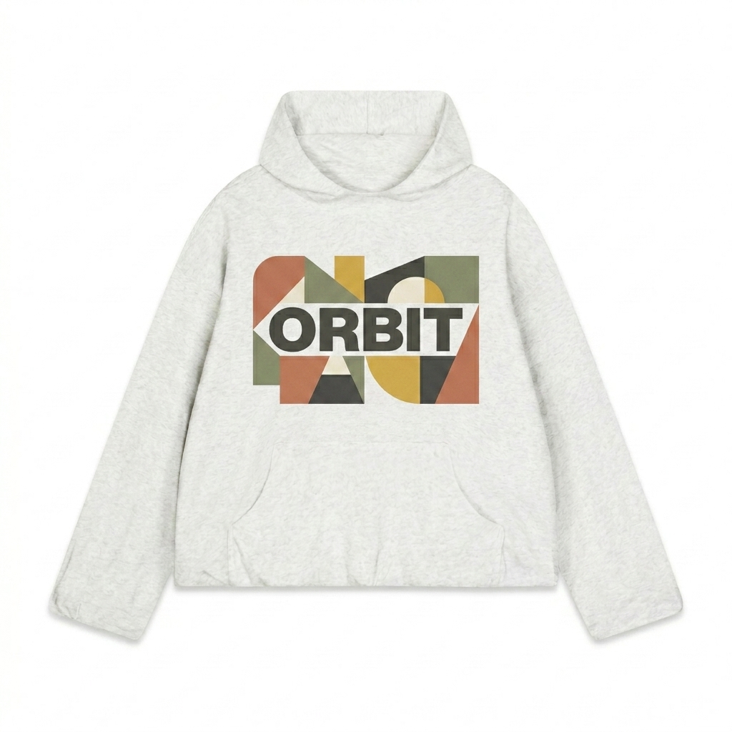 Custom Boxy Gather-Hem Hoodie design direction 2: Abstract Geometric Graphic featuring the ORBIT wordmark