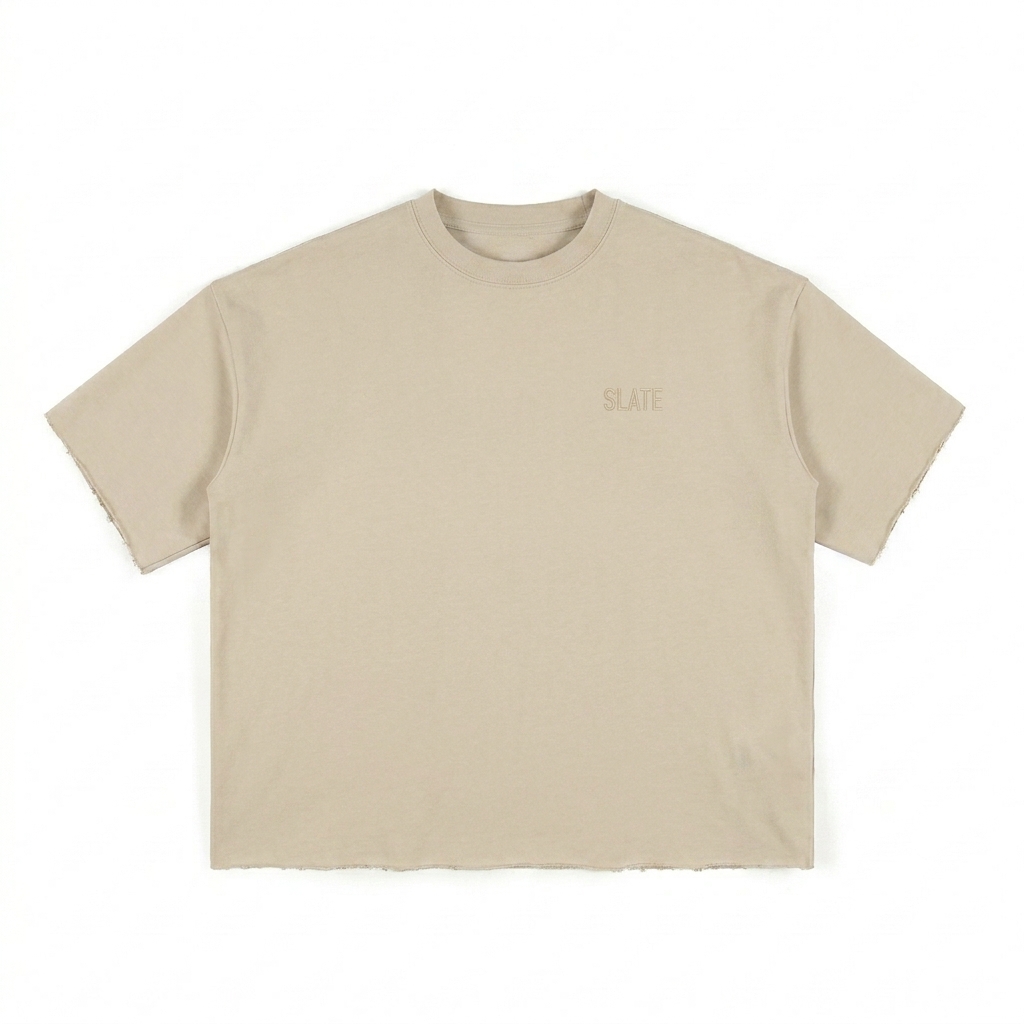 Custom Boxy Half-Sleeve Raw-Edge T-Shirt design direction 1: Tonal Minimalist Wordmark featuring the SLATE wordmark