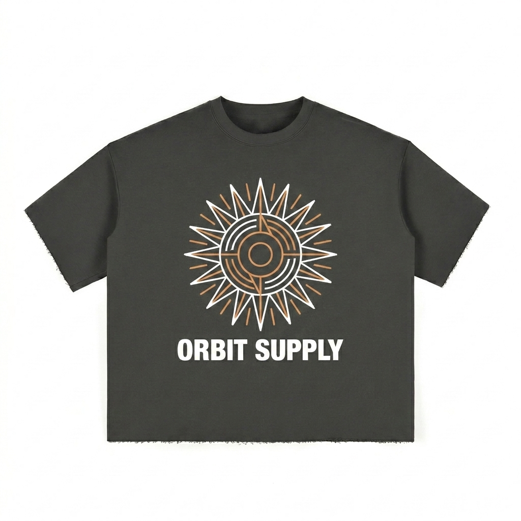Custom Boxy Half-Sleeve Raw-Edge T-Shirt design direction 2: Bold Abstract Graphic featuring the ORBIT SUPPLY wordmark