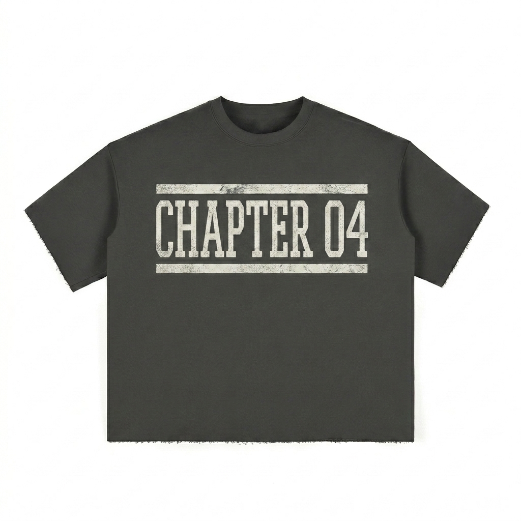 Custom Boxy Half-Sleeve Raw-Edge T-Shirt design direction 3: Retro Collegiate Type featuring the CHAPTER 04 wordmark