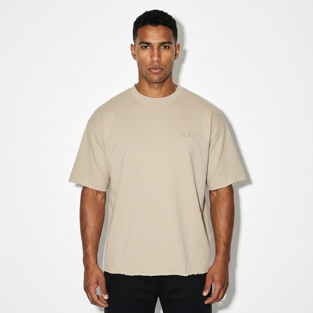 Boxy Half-Sleeve Raw-Edge T-Shirt worn by a athletic muscular North African male fashion influencer, downtown streetwear styling, studio lookbook — custom boxy half-sleeve raw-edge t-shirt