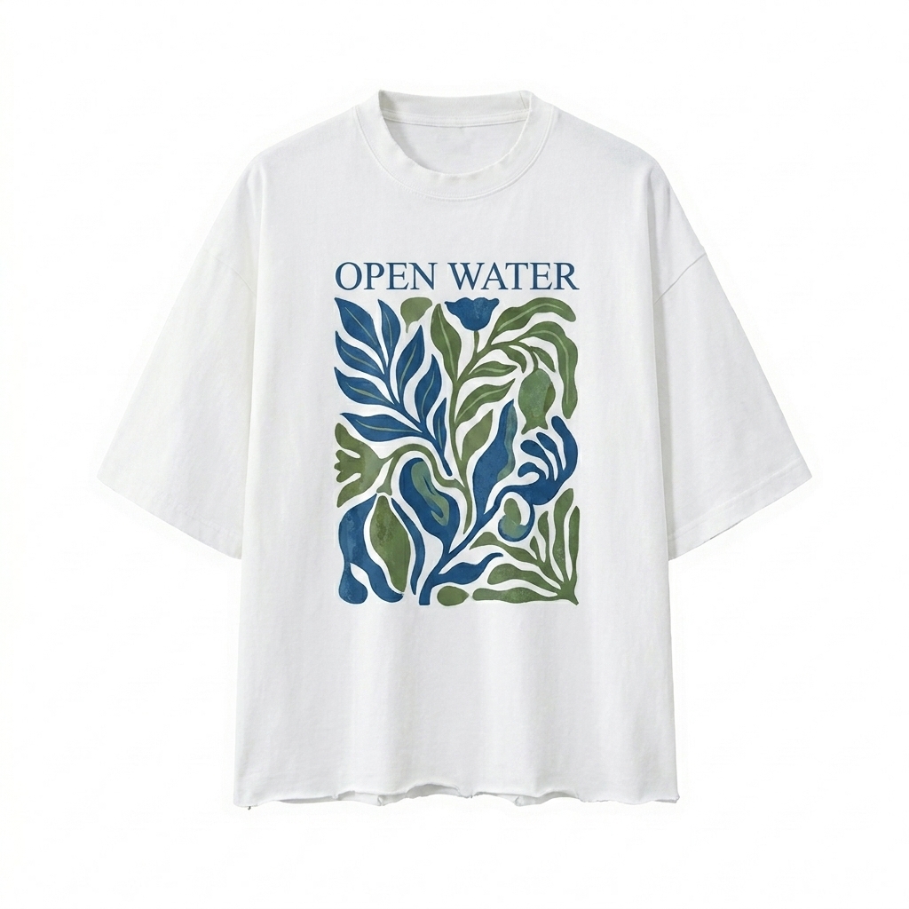 Custom Boxy Heavyweight T-Shirt design direction 2: Bold Abstract Graphic featuring the OPEN WATER wordmark