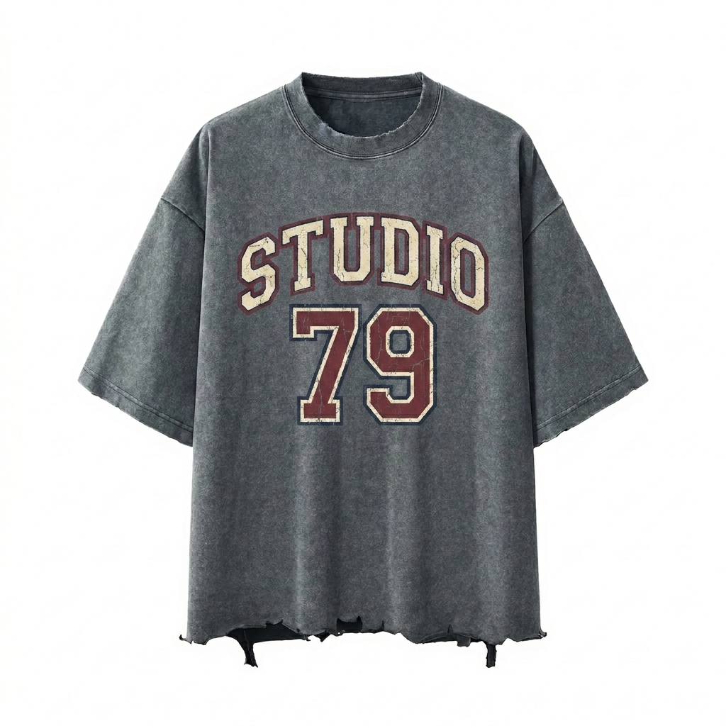 Custom Boxy Heavyweight T-Shirt design direction 3: Retro Collegiate Emblem featuring the STUDIO 79 wordmark