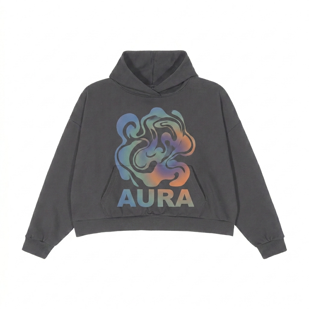 Custom Boxy Oversized Hoodie design direction 2: Bold Abstract Graphic featuring the AURA wordmark