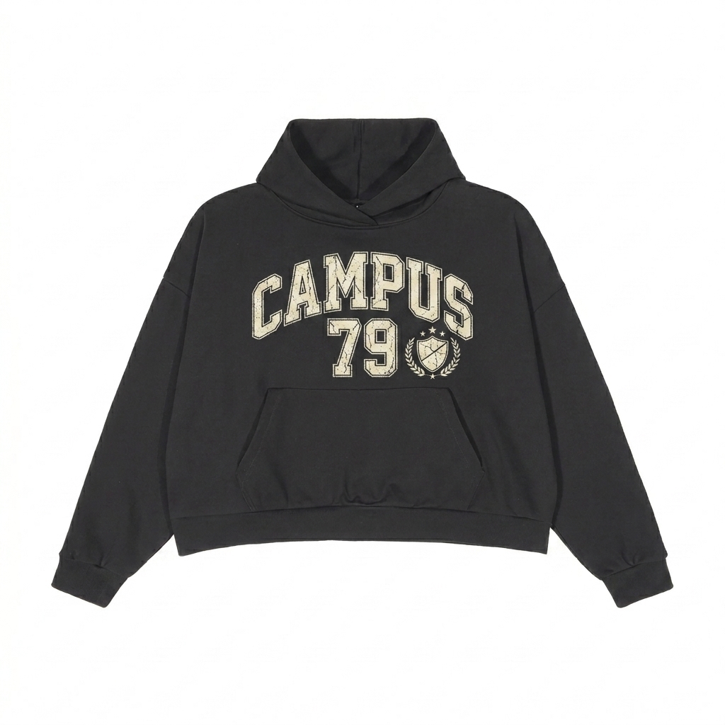 Custom Boxy Oversized Hoodie design direction 3: Retro Collegiate Emblem featuring the CAMPUS 79 wordmark