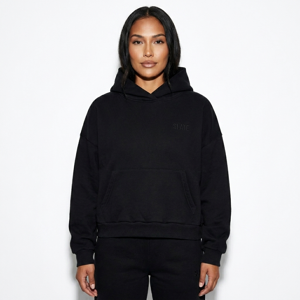 Boxy Oversized Hoodie worn by a toned Indigenous American female fashion influencer, workwear utility styling, studio lookbook — custom boxy oversized hoodie
