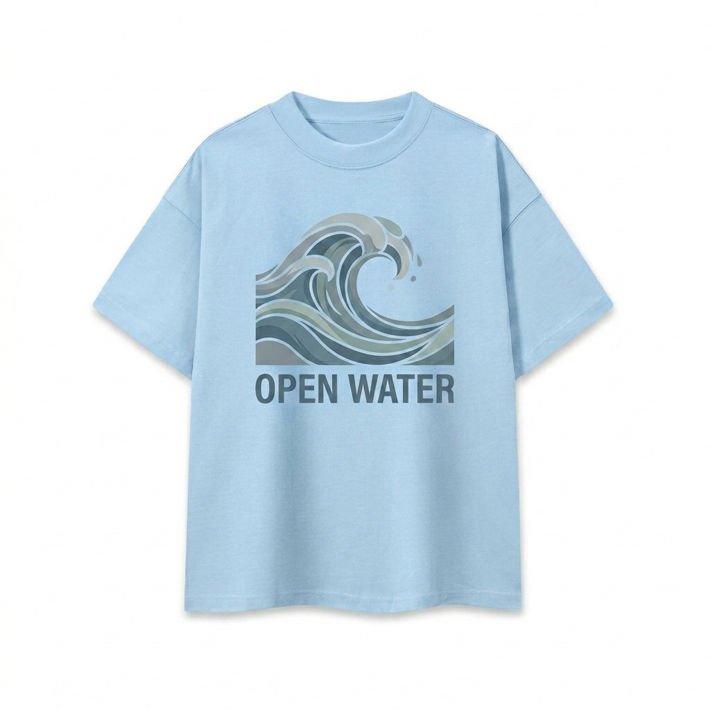 Custom Boxy Oversized T-Shirt design direction 2: Abstract Graphic Print featuring the OPEN WATER wordmark