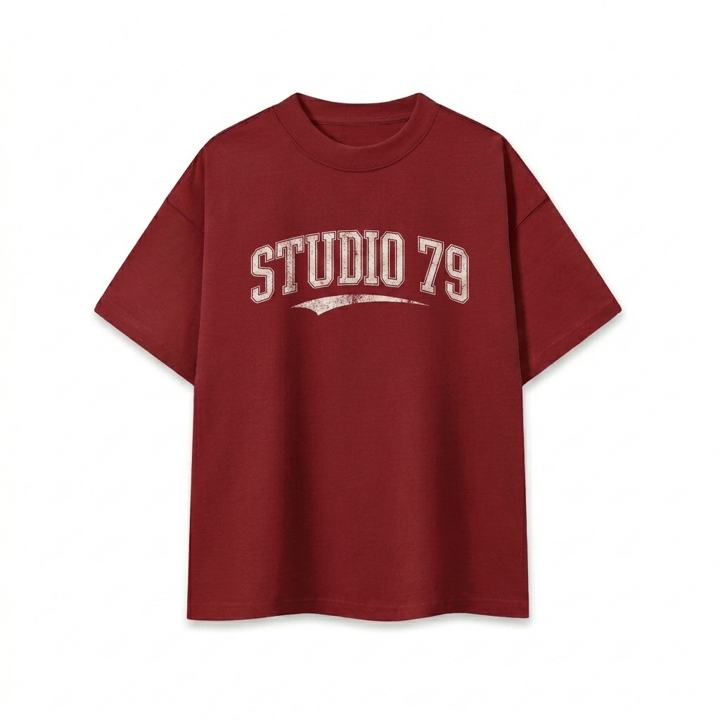 Custom Boxy Oversized T-Shirt design direction 3: Retro Collegiate Emblem featuring the STUDIO 79 wordmark
