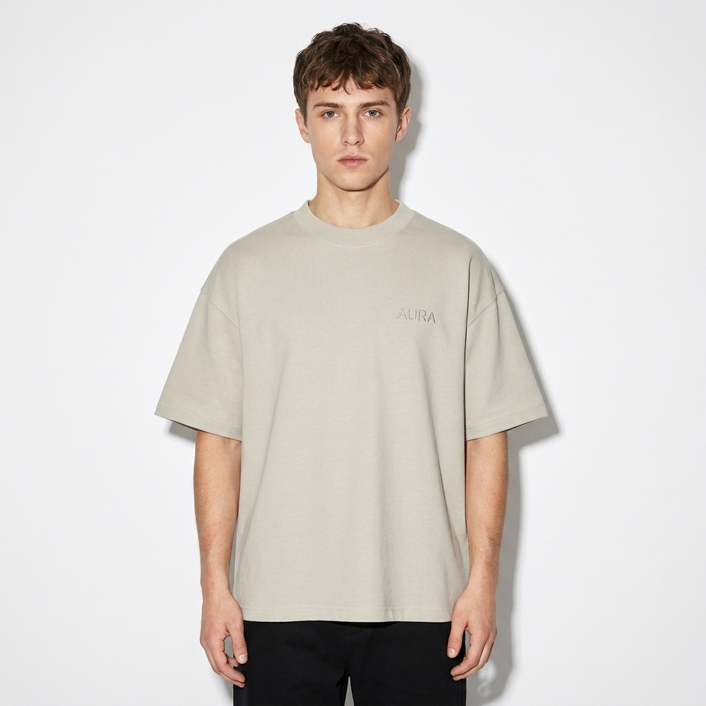 Boxy Oversized T-Shirt worn by a petite White American male fashion influencer, clean-girl minimal styling, studio lookbook — custom boxy oversized t-shirt