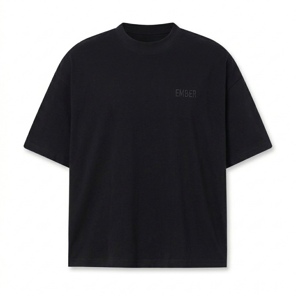 Custom Boxy Performance T-Shirt design direction 1: Tonal Minimalist Wordmark featuring the EMBER wordmark