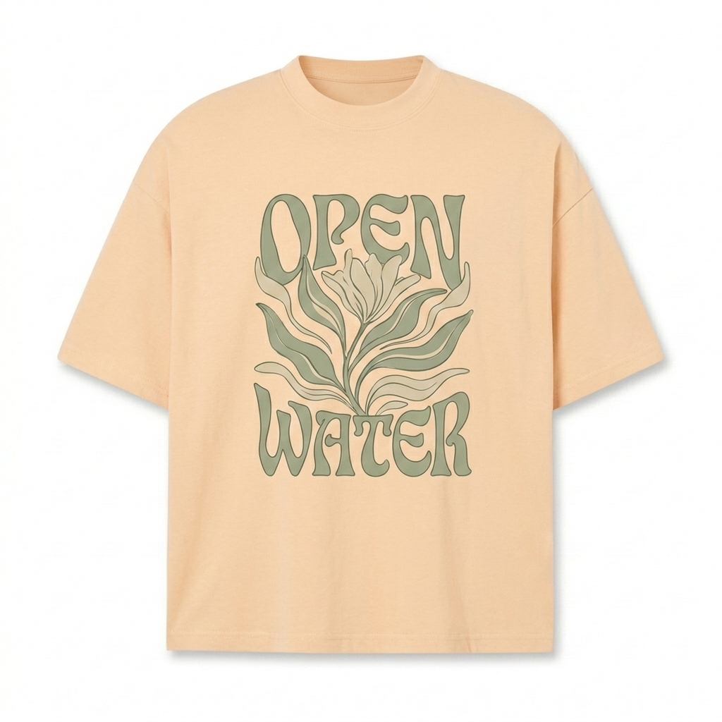 Custom Boxy Performance T-Shirt design direction 2: Bold Graphic Illustration featuring the OPEN WATER wordmark