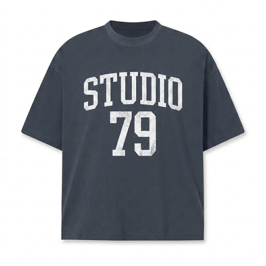 Custom Boxy Performance T-Shirt design direction 3: Retro Collegiate Typography featuring the STUDIO 79 wordmark