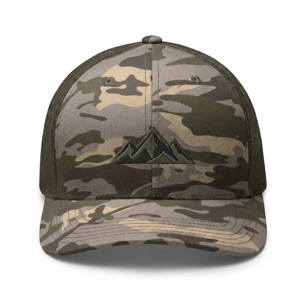 Custom Camouflage Trucker Hat design direction 1: Tonal Wilderness Emblem featuring the SLATE wordmark