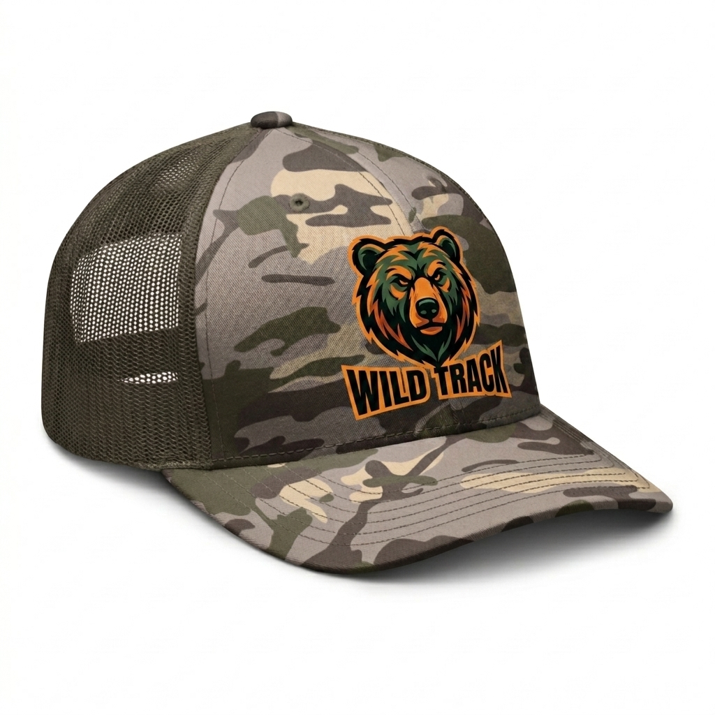 Custom Camouflage Trucker Hat design direction 2: Bold Graphic Statement featuring the WILD TRACK wordmark