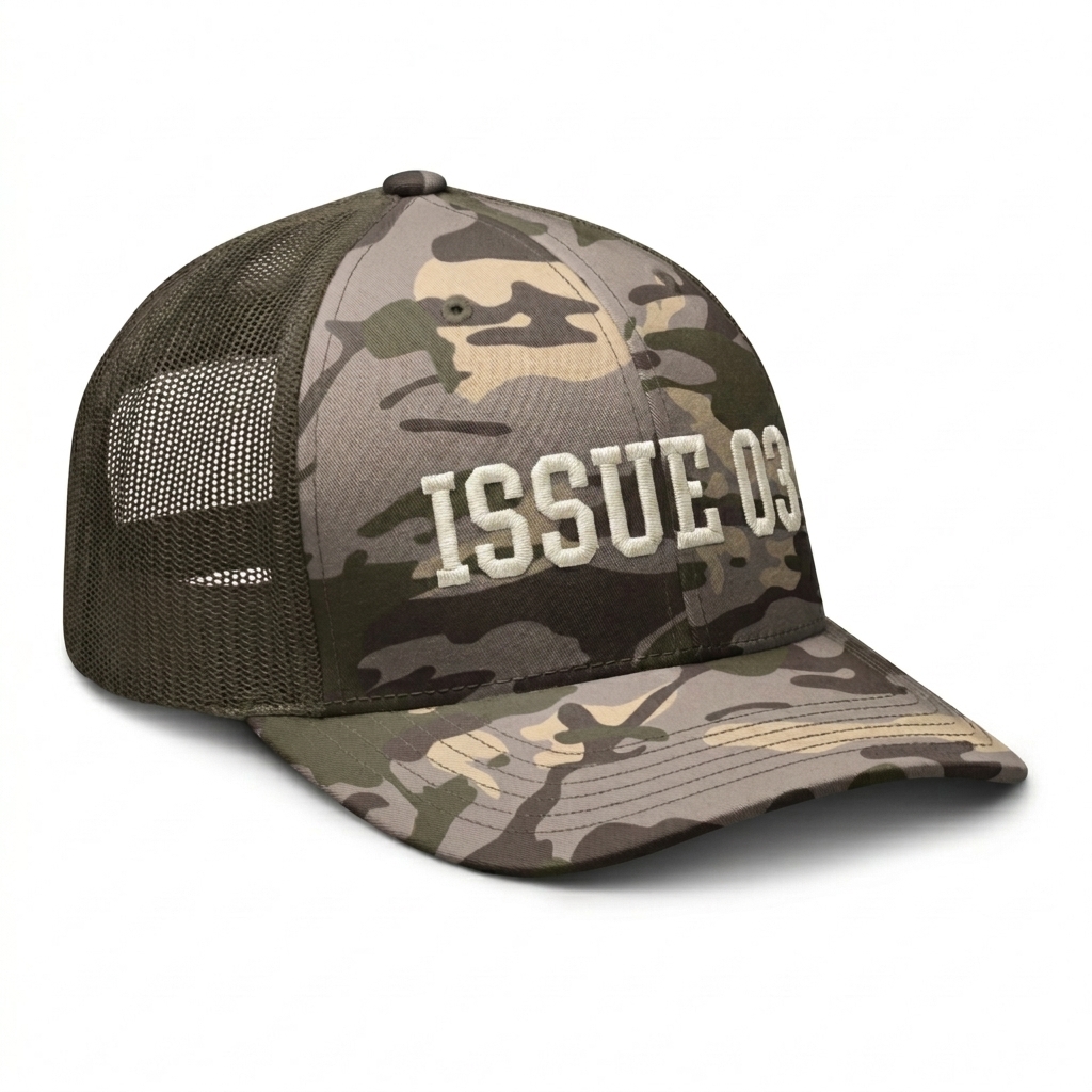 Custom Camouflage Trucker Hat design direction 3: Retro Collegiate Wordmark featuring the ISSUE 03 wordmark