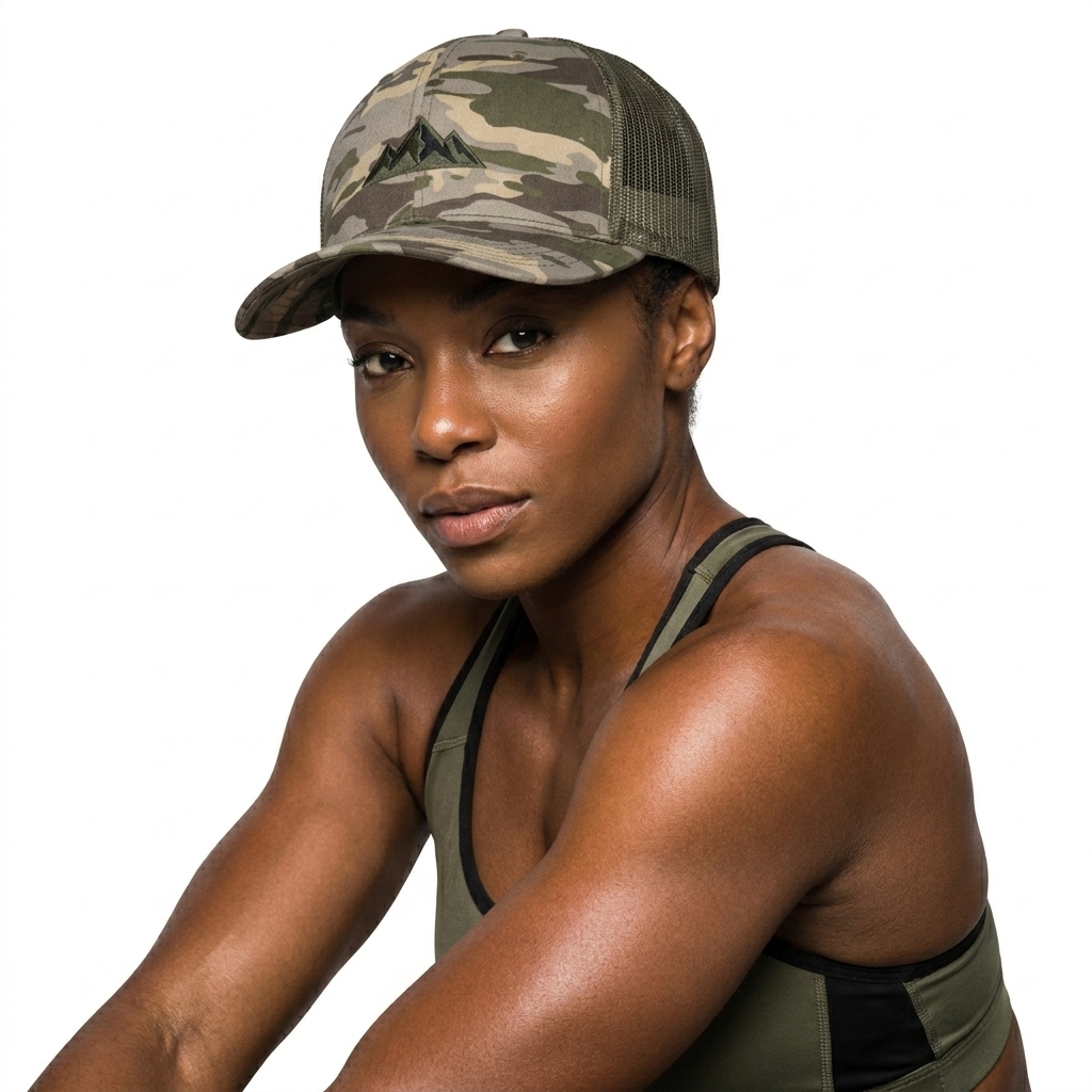 Camouflage Trucker Hat worn by a athletic muscular Afro-Caribbean female fashion influencer, preppy ivy styling, studio lookbook — custom camouflage trucker hat
