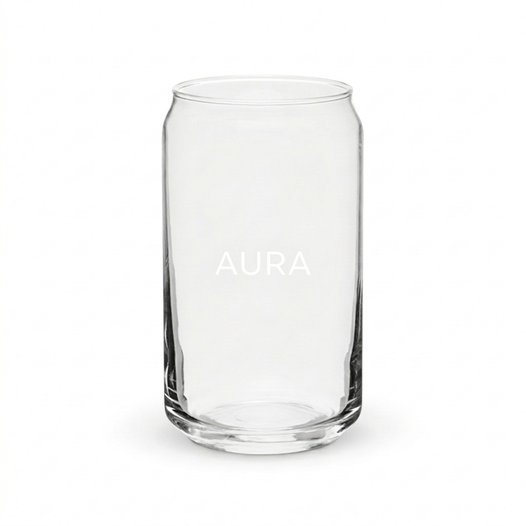 Custom Can-Shaped Drinking Glass design direction 1: Subtle Brand Identity featuring the AURA wordmark