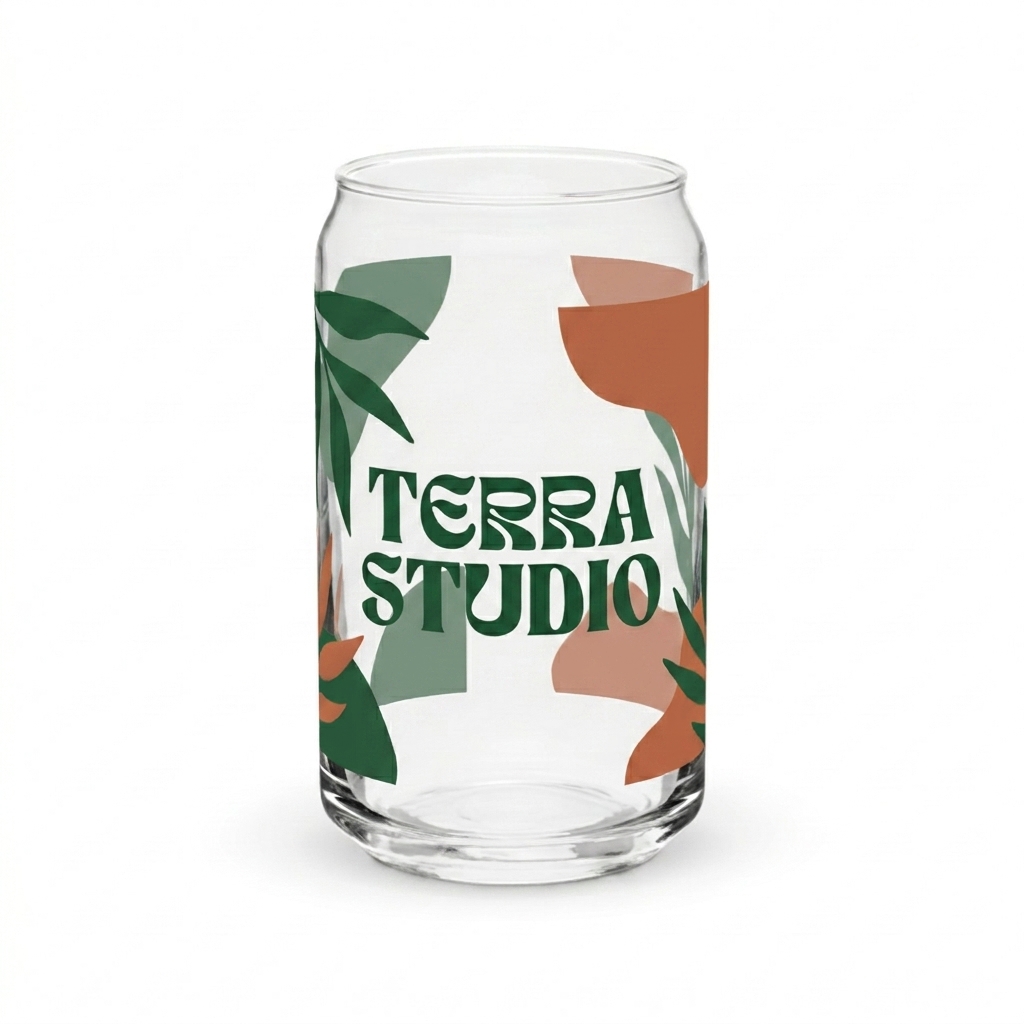 Custom Can-Shaped Drinking Glass design direction 2: Abstract Botanical Graphic featuring the TERRA STUDIO wordmark