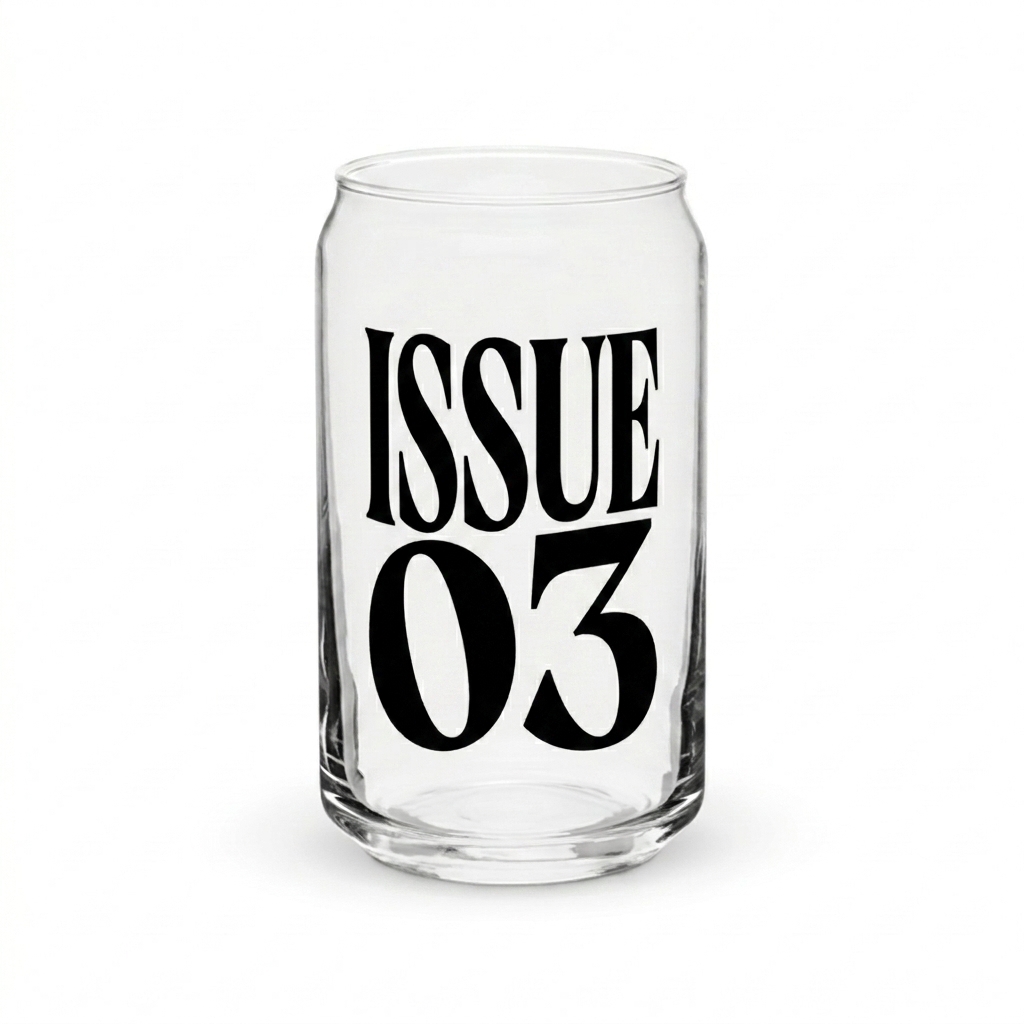 Custom Can-Shaped Drinking Glass design direction 3: Dynamic Text Overlay featuring the ISSUE 03 wordmark