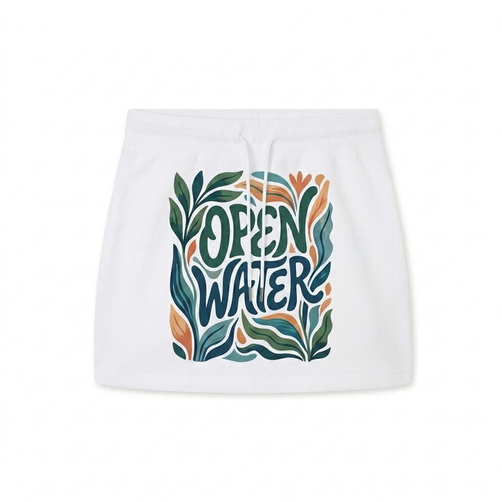 Custom Custom Drawstring Skirt design direction 2: Bold Abstract Graphic featuring the OPEN WATER wordmark
