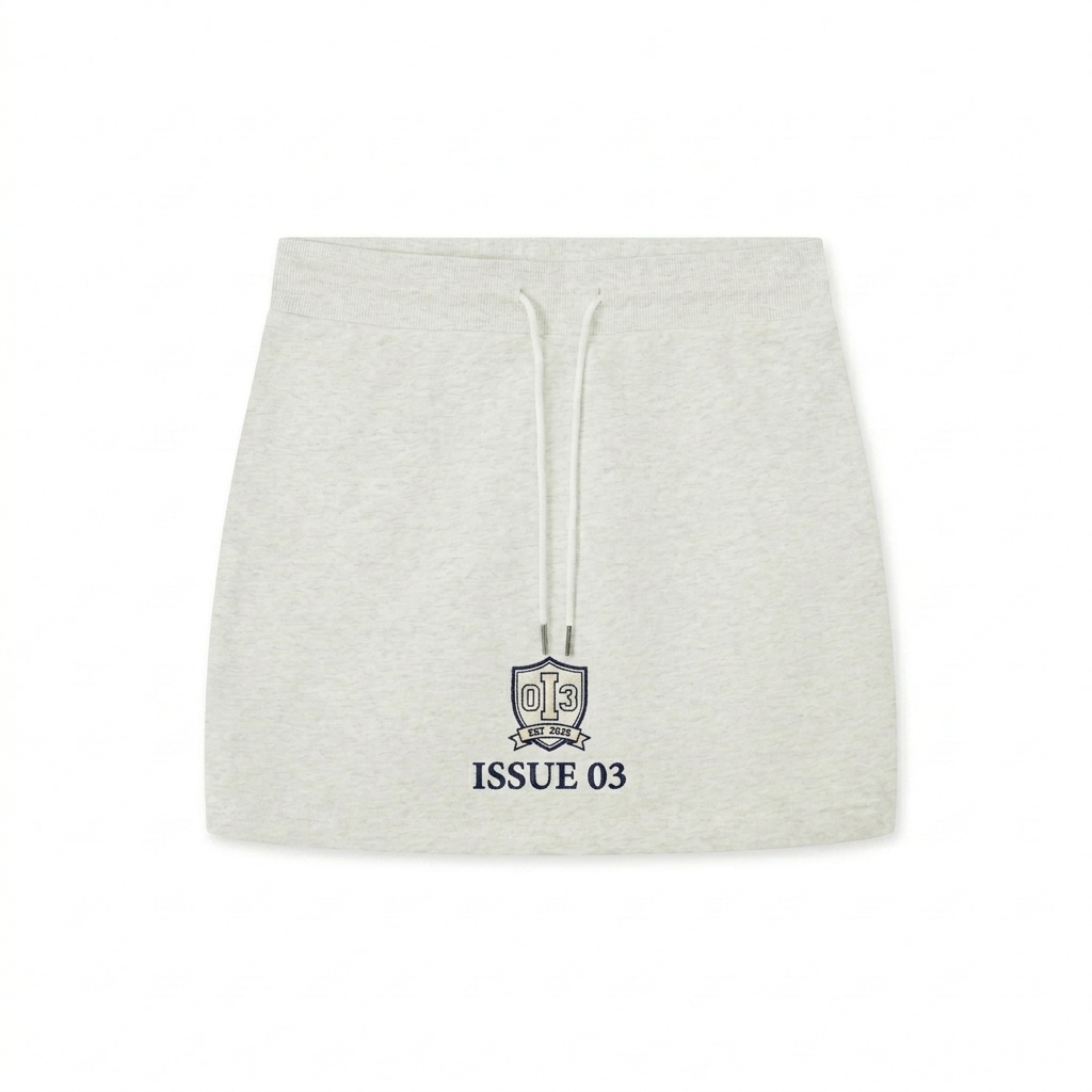 Custom Custom Drawstring Skirt design direction 3: Retro Collegiate Emblem featuring the ISSUE 03 wordmark