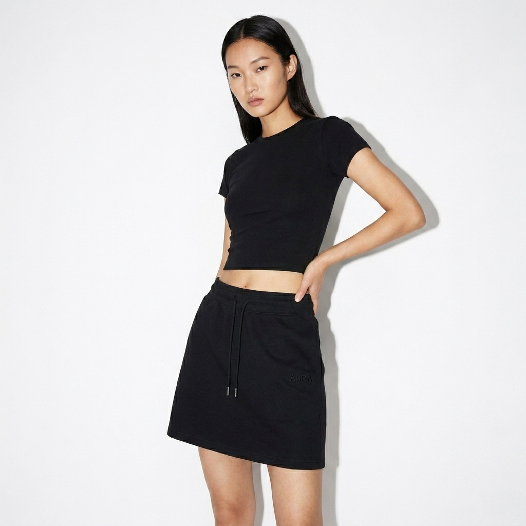 Custom Drawstring Skirt worn by a lean East Asian female fashion influencer, downtown streetwear styling, studio lookbook — custom custom drawstring skirt
