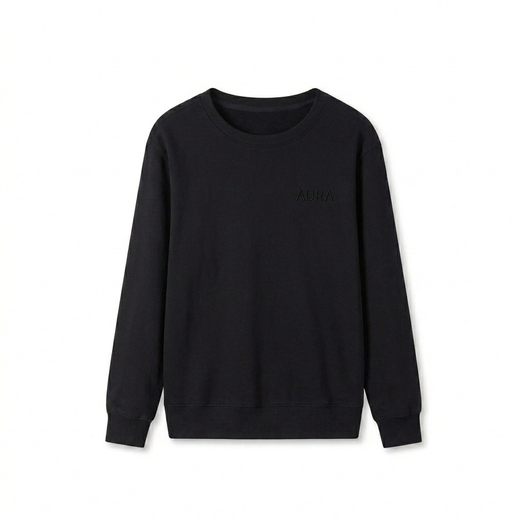 Custom Classic Cotton Crewneck Sweatshirt design direction 1: Subtle Tonal Embroidery featuring the AURA wordmark